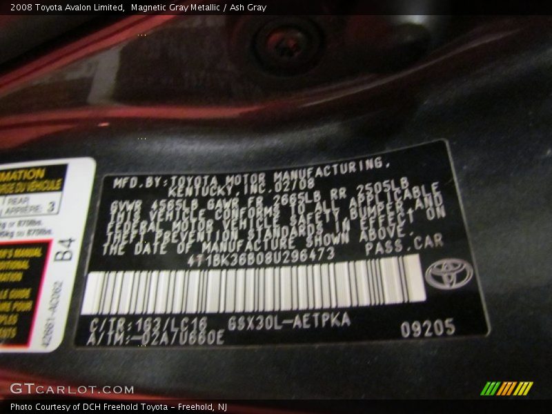 2008 Avalon Limited Magnetic Gray Metallic Color Code 1G3