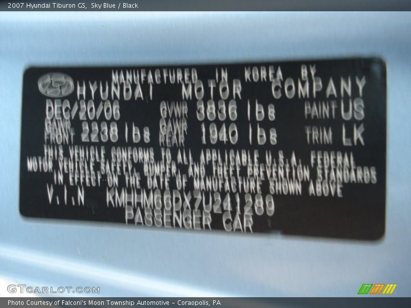 2007 Tiburon GS Sky Blue Color Code US