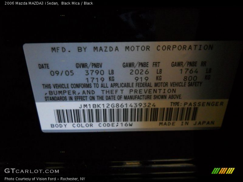 2006 MAZDA3 i Sedan Black Mica Color Code 16W