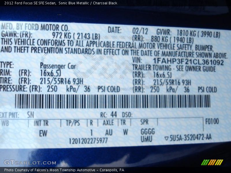 2012 Focus SE SFE Sedan Sonic Blue Metallic Color Code SN