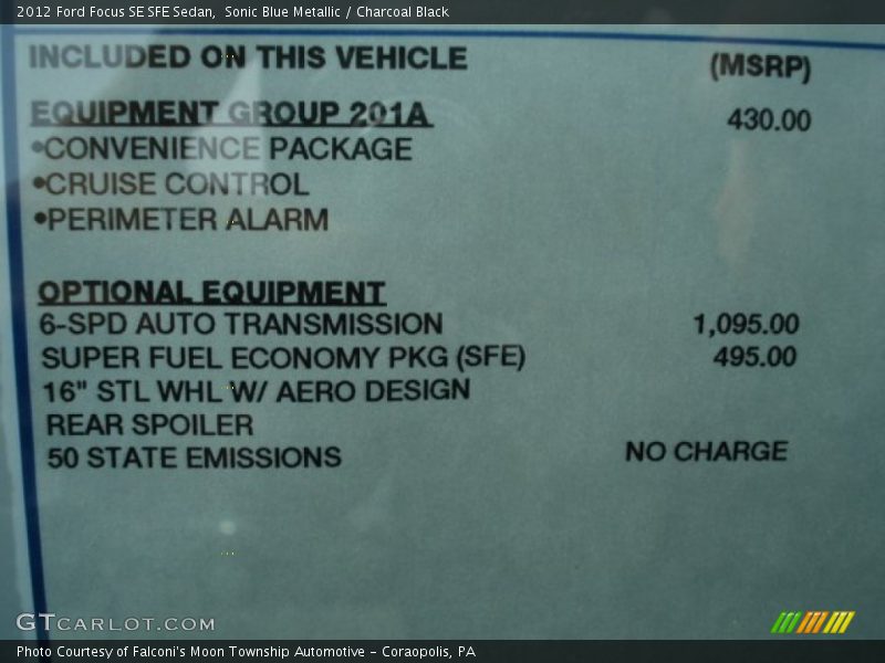  2012 Focus SE SFE Sedan Window Sticker