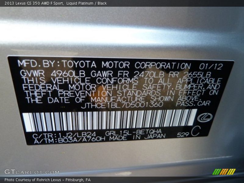 2013 GS 350 AWD F Sport Liquid Platinum Color Code 1J2