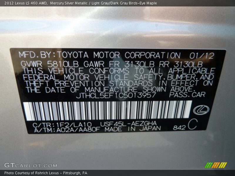 2012 LS 460 AWD Mercury Silver Metallic Color Code 1F2
