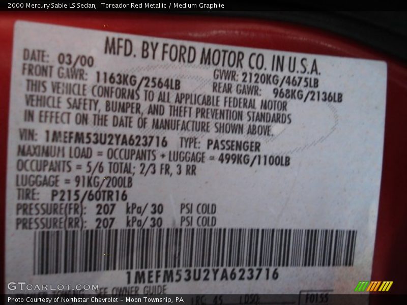Toreador Red Metallic / Medium Graphite 2000 Mercury Sable LS Sedan