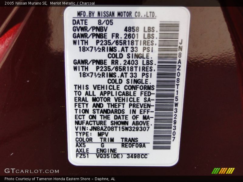 2005 Murano SE Merlot Metallic Color Code AX5