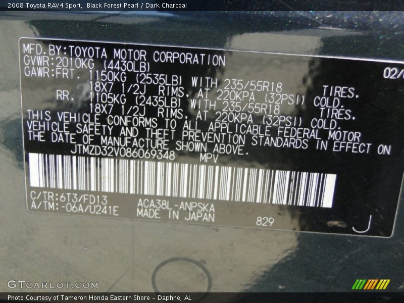 2008 RAV4 Sport Black Forest Pearl Color Code 6T3