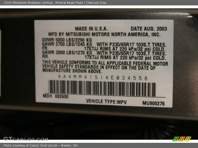 Mineral Beige Pearl / Charcoal Gray 2004 Mitsubishi Endeavor Limited