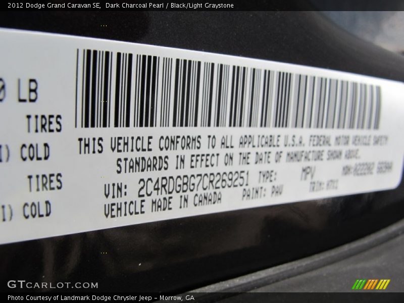 Dark Charcoal Pearl / Black/Light Graystone 2012 Dodge Grand Caravan SE
