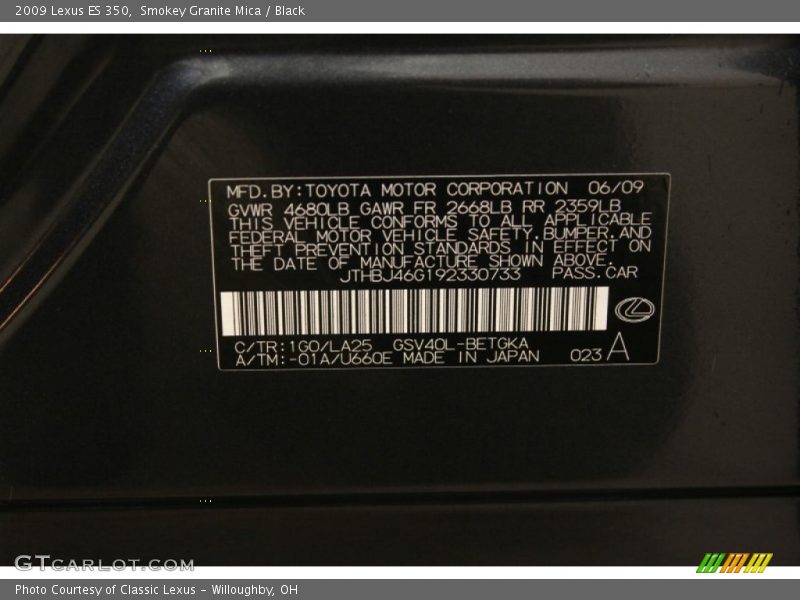 Smokey Granite Mica / Black 2009 Lexus ES 350