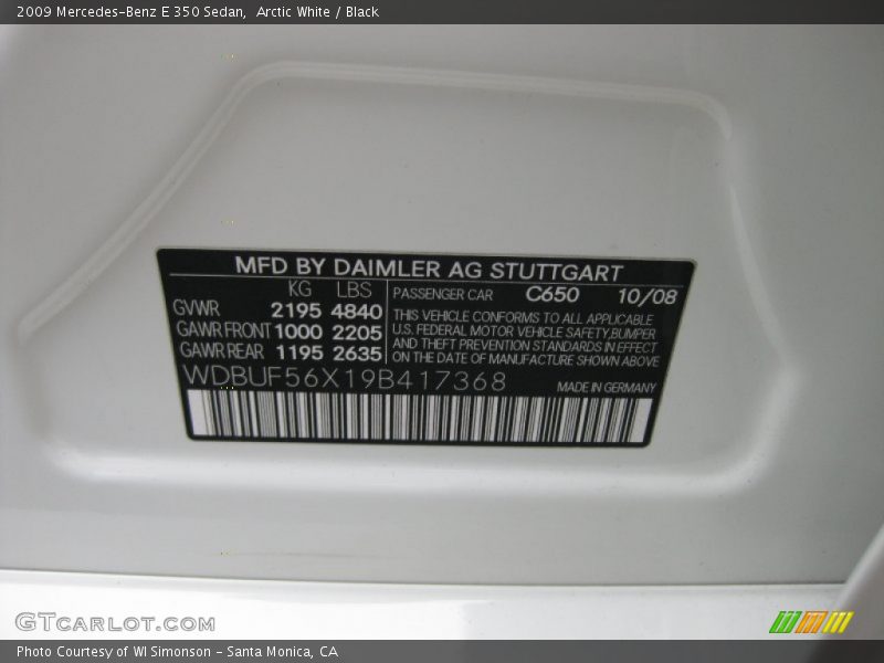Arctic White / Black 2009 Mercedes-Benz E 350 Sedan