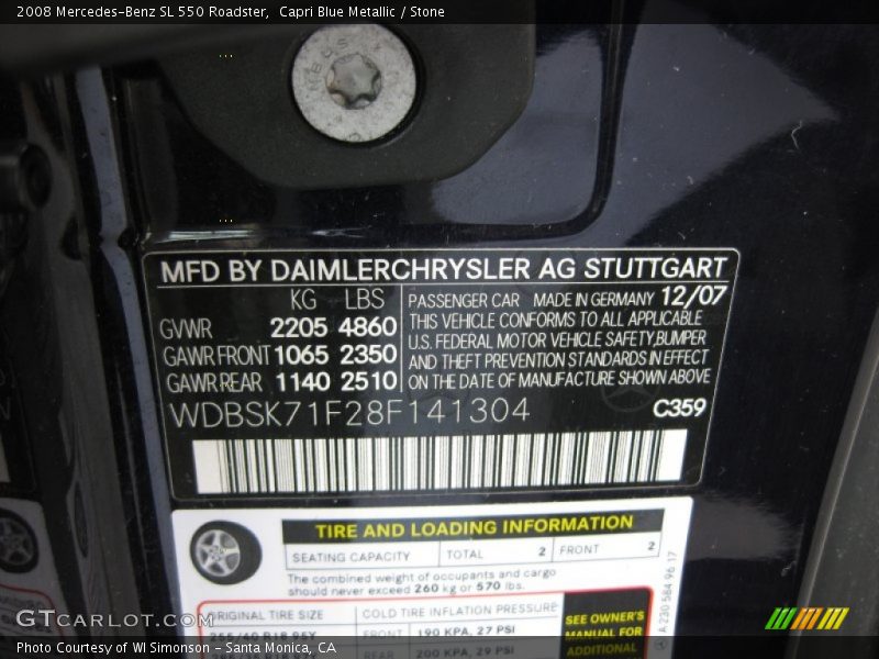 2008 SL 550 Roadster Capri Blue Metallic Color Code 359