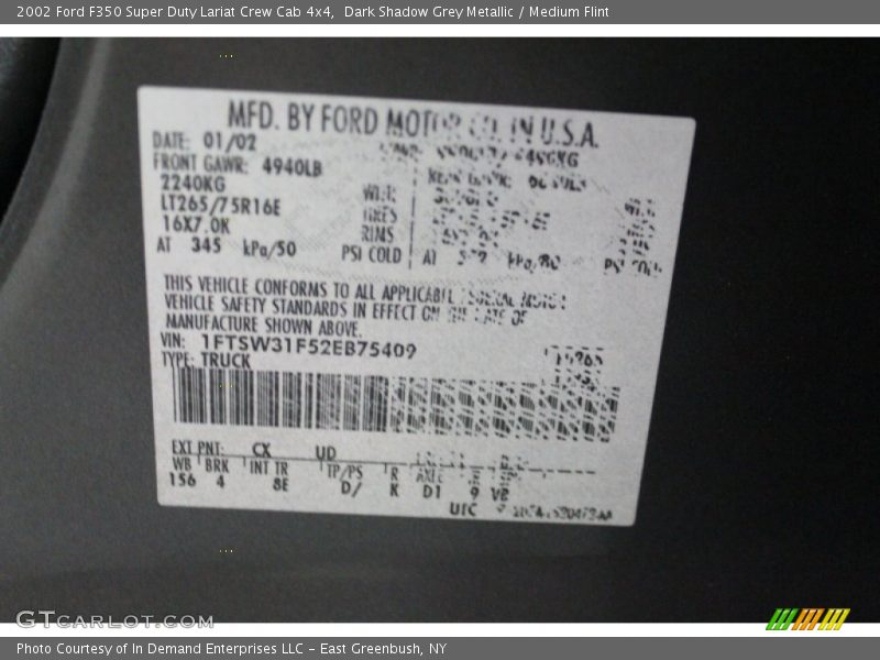 2002 F350 Super Duty Lariat Crew Cab 4x4 Dark Shadow Grey Metallic Color Code CX