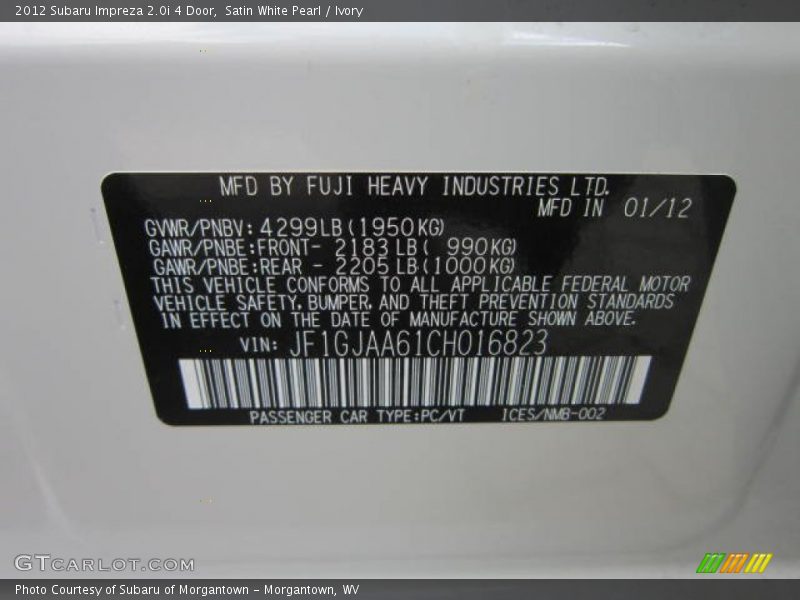 Satin White Pearl / Ivory 2012 Subaru Impreza 2.0i 4 Door