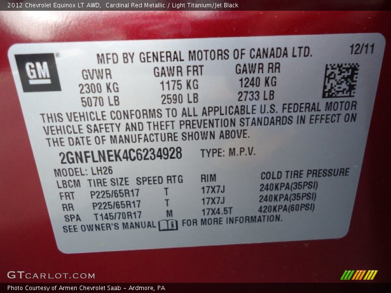 Cardinal Red Metallic / Light Titanium/Jet Black 2012 Chevrolet Equinox LT AWD