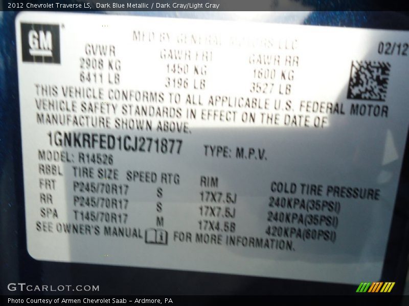 Dark Blue Metallic / Dark Gray/Light Gray 2012 Chevrolet Traverse LS
