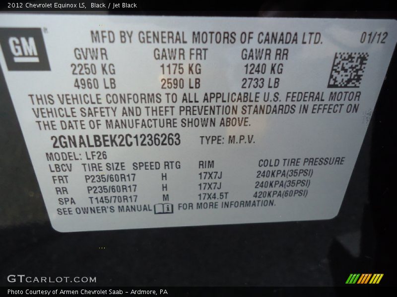 Black / Jet Black 2012 Chevrolet Equinox LS