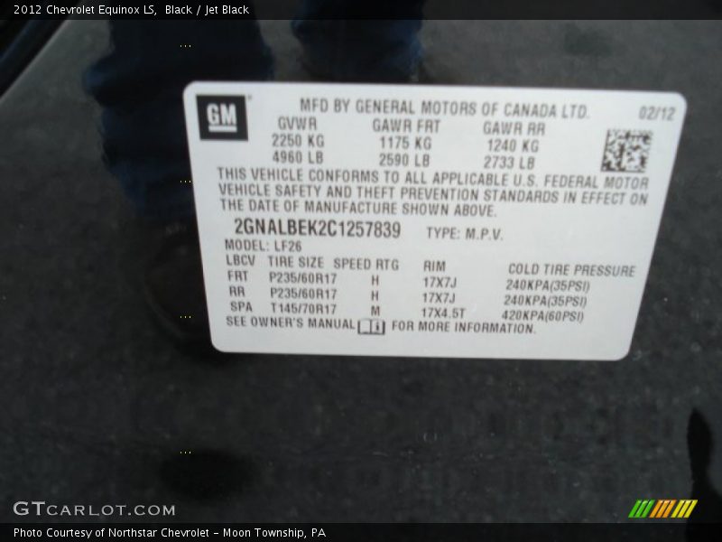 Black / Jet Black 2012 Chevrolet Equinox LS