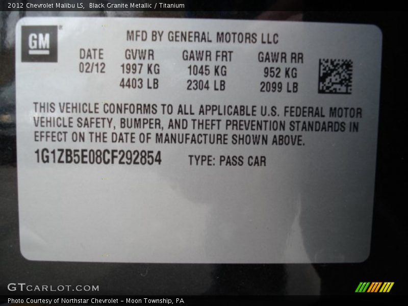 Black Granite Metallic / Titanium 2012 Chevrolet Malibu LS