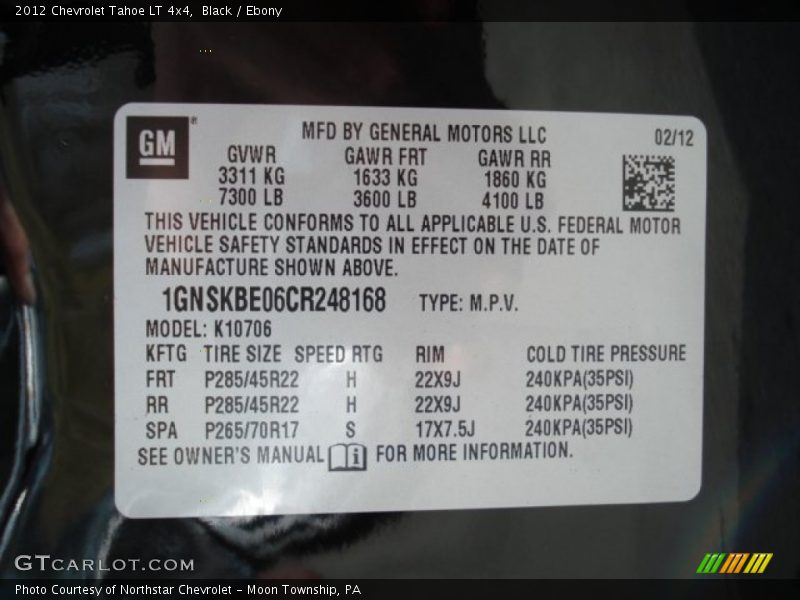 Black / Ebony 2012 Chevrolet Tahoe LT 4x4