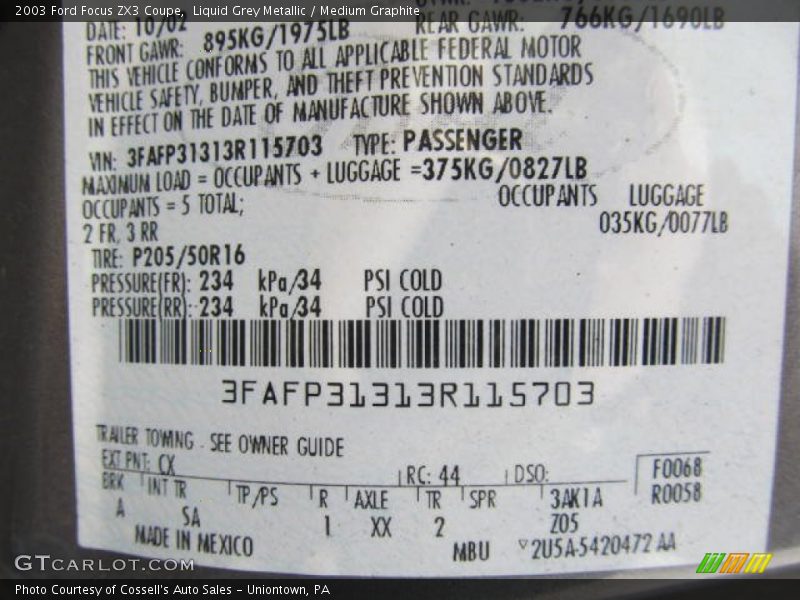 2003 Focus ZX3 Coupe Liquid Grey Metallic Color Code CX