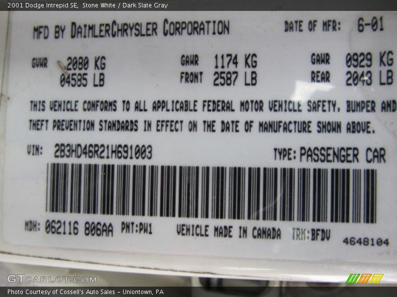 Stone White / Dark Slate Gray 2001 Dodge Intrepid SE