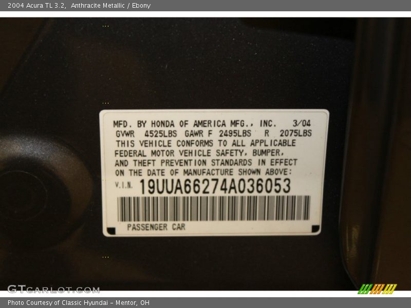 Anthracite Metallic / Ebony 2004 Acura TL 3.2