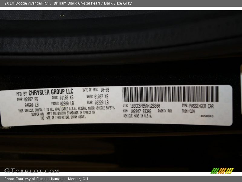Brilliant Black Crystal Pearl / Dark Slate Gray 2010 Dodge Avenger R/T