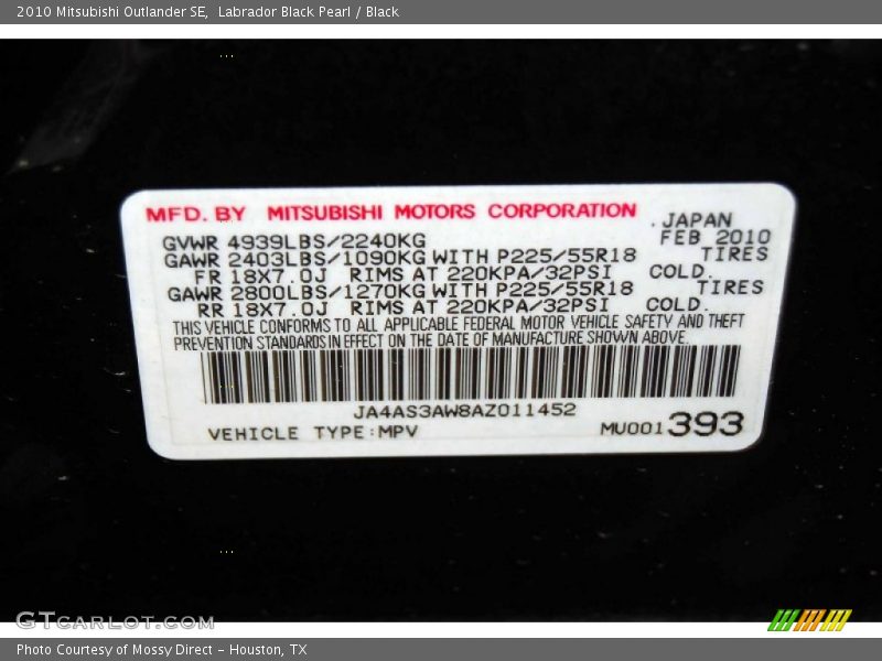 Labrador Black Pearl / Black 2010 Mitsubishi Outlander SE