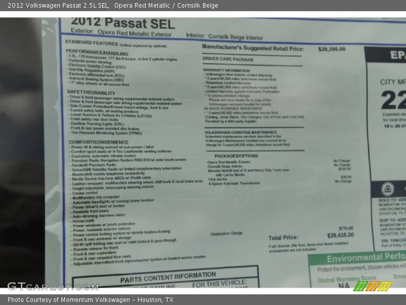  2012 Passat 2.5L SEL Window Sticker