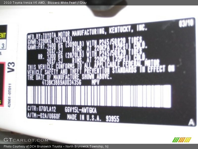 070 - 2010 Toyota Venza V6 AWD