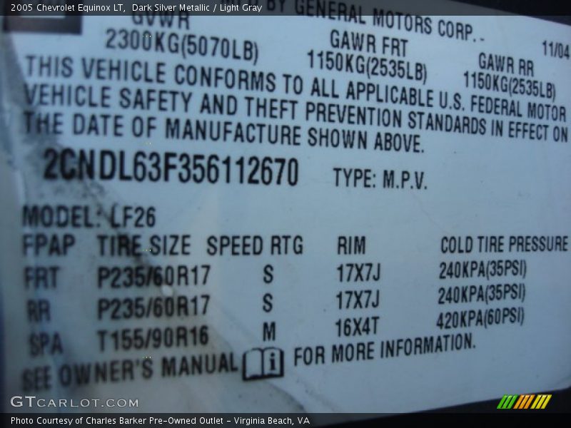 Dark Silver Metallic / Light Gray 2005 Chevrolet Equinox LT