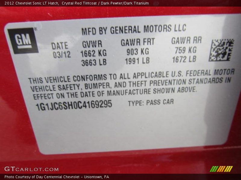 Crystal Red Tintcoat / Dark Pewter/Dark Titanium 2012 Chevrolet Sonic LT Hatch