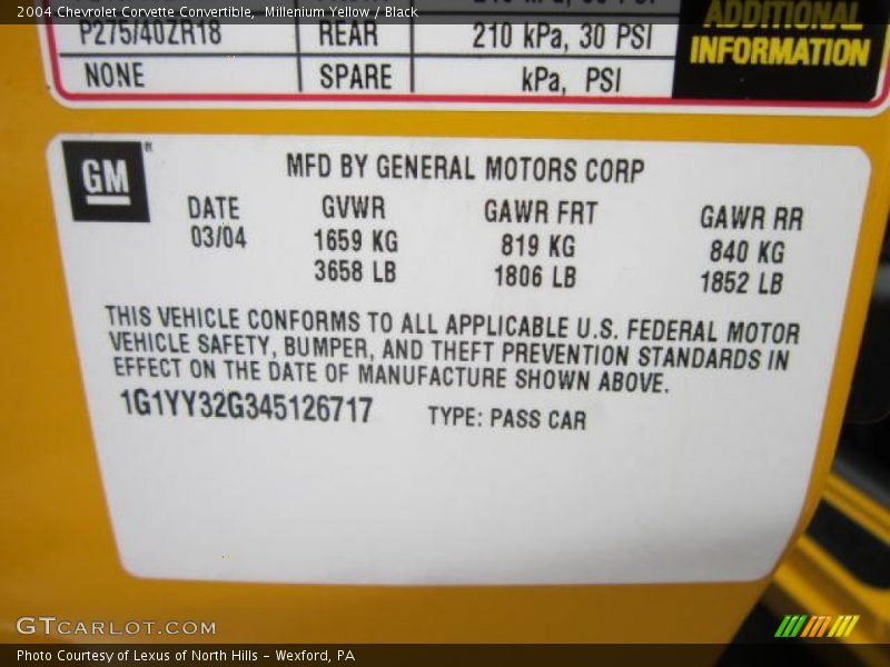 Info Tag of 2004 Corvette Convertible