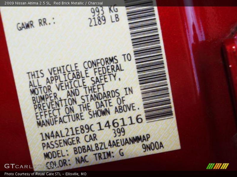 Red Brick Metallic / Charcoal 2009 Nissan Altima 2.5 SL