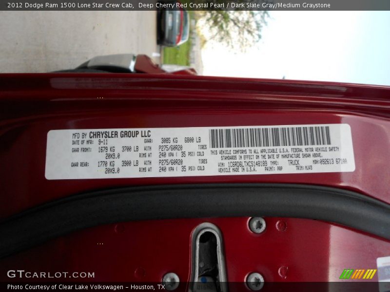 2012 Ram 1500 Lone Star Crew Cab Deep Cherry Red Crystal Pearl Color Code PRP