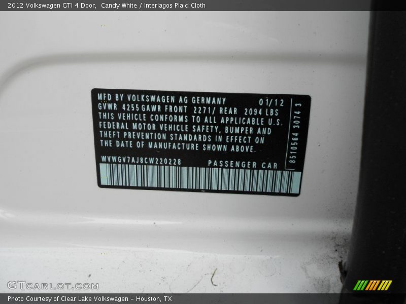 Candy White / Interlagos Plaid Cloth 2012 Volkswagen GTI 4 Door