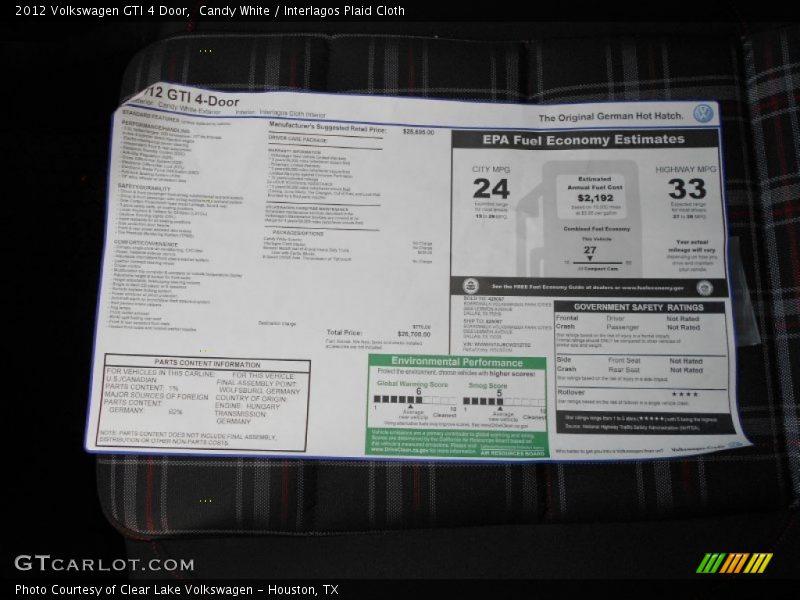 Candy White / Interlagos Plaid Cloth 2012 Volkswagen GTI 4 Door