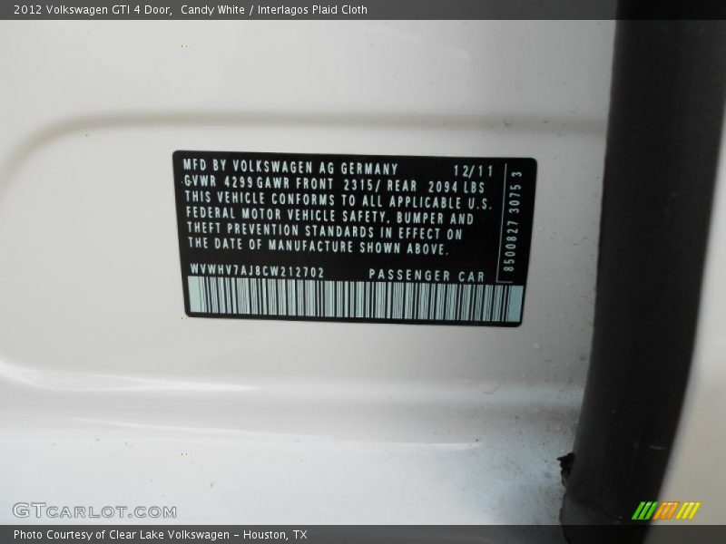 Candy White / Interlagos Plaid Cloth 2012 Volkswagen GTI 4 Door