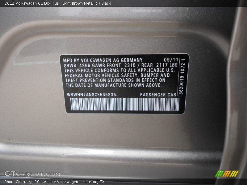 Light Brown Metallic / Black 2012 Volkswagen CC Lux Plus