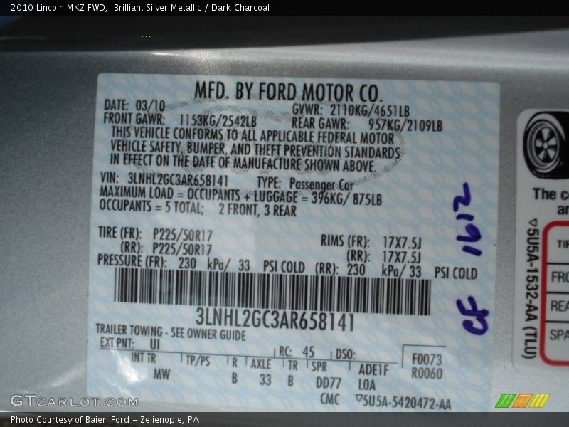 Brilliant Silver Metallic / Dark Charcoal 2010 Lincoln MKZ FWD