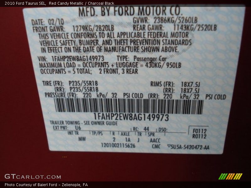 2010 Taurus SEL Red Candy Metallic Color Code U6