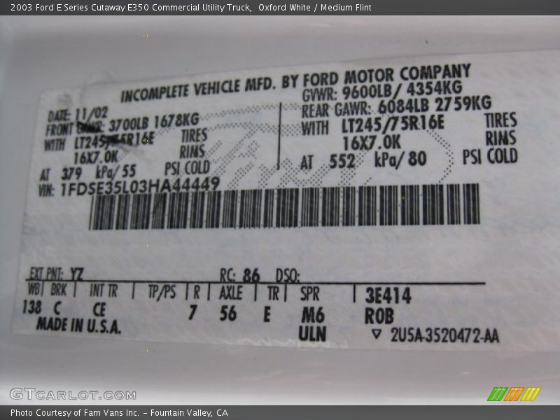 2003 E Series Cutaway E350 Commercial Utility Truck Oxford White Color Code YZ