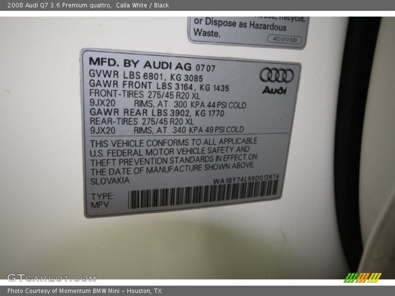 Calla White / Black 2008 Audi Q7 3.6 Premium quattro