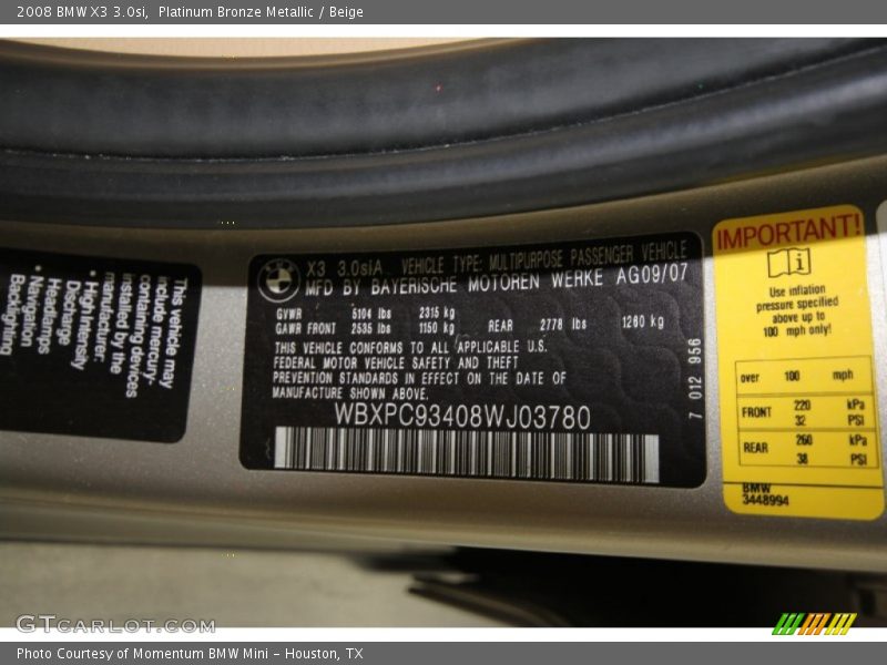 Platinum Bronze Metallic / Beige 2008 BMW X3 3.0si
