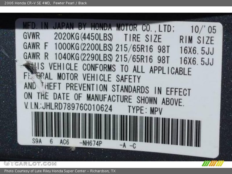 Pewter Pearl / Black 2006 Honda CR-V SE 4WD