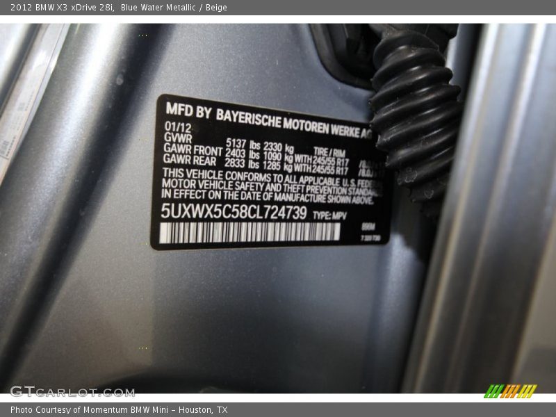 Blue Water Metallic / Beige 2012 BMW X3 xDrive 28i