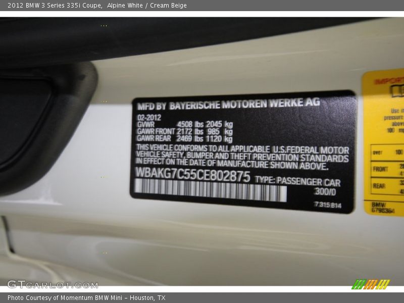 Alpine White / Cream Beige 2012 BMW 3 Series 335i Coupe