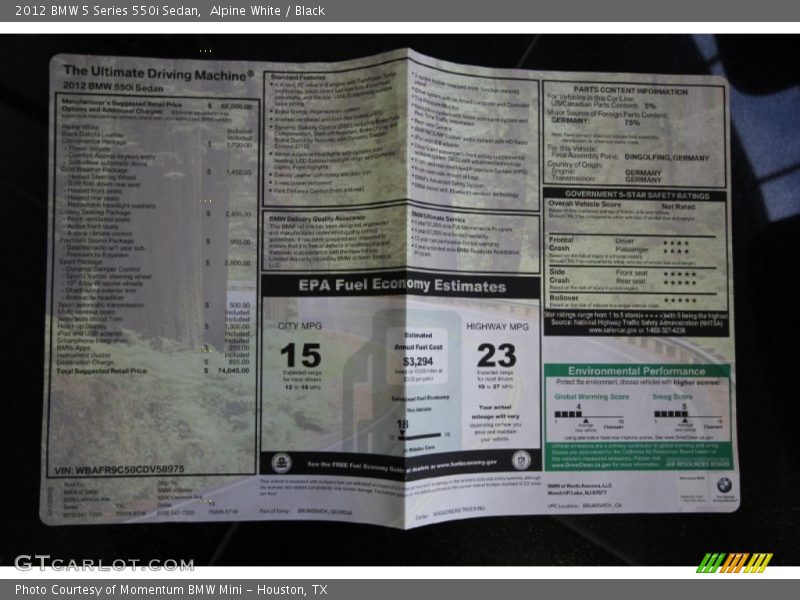  2012 5 Series 550i Sedan Window Sticker