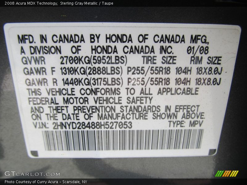 Sterling Gray Metallic / Taupe 2008 Acura MDX Technology