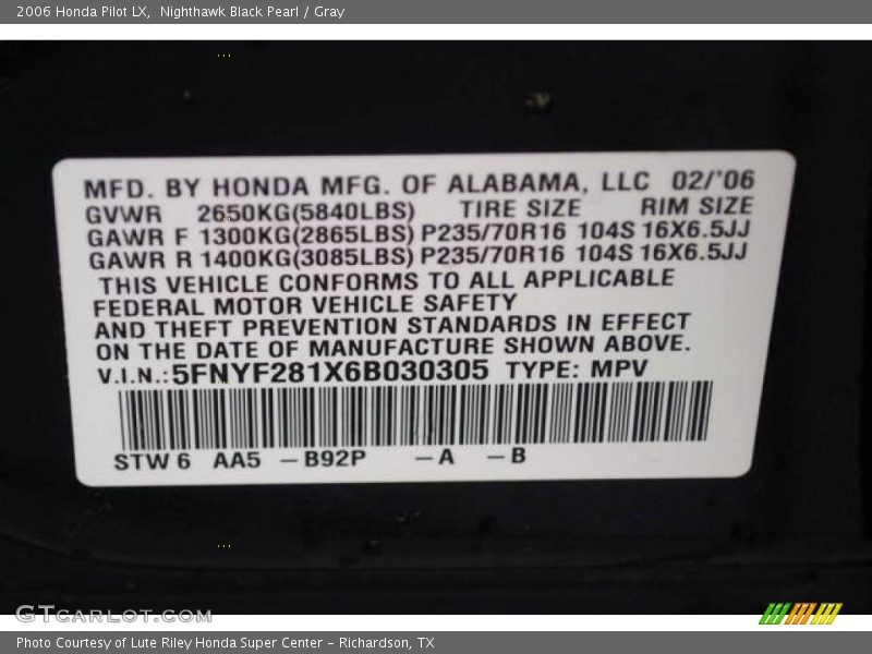 Nighthawk Black Pearl / Gray 2006 Honda Pilot LX